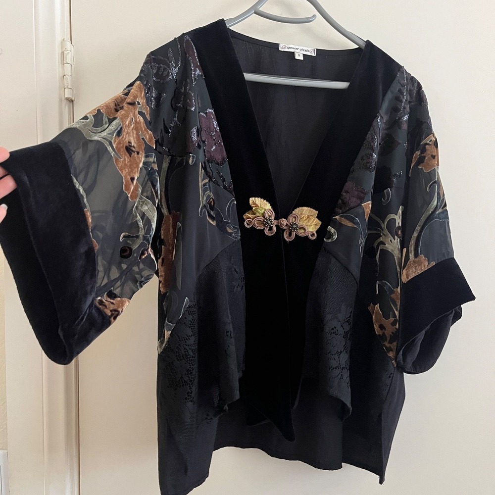 Vintage Spencer Alexis Velvet Sheer Lace Kimono Cardigan Top M USA Whimsigoth.